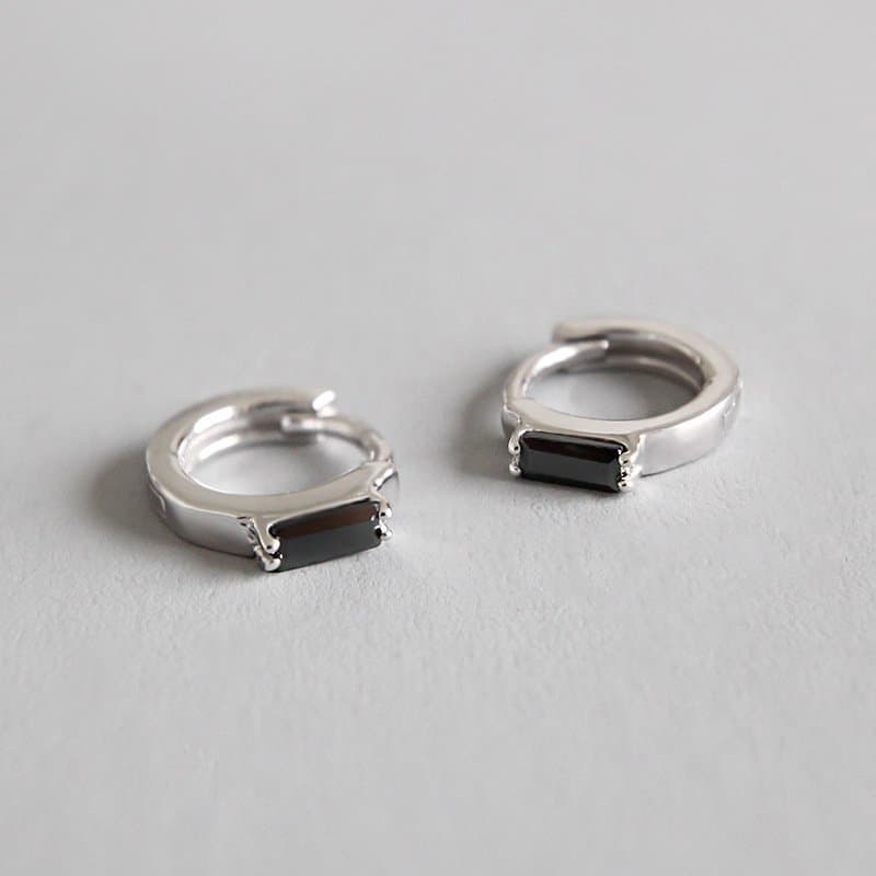 Geometric Black CZ Rectangle 925 Sterling Silver Hoop Earrings