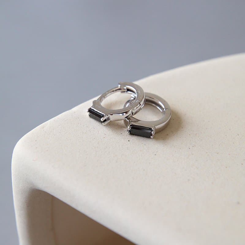 Geometric Black CZ Rectangle 925 Sterling Silver Hoop Earrings