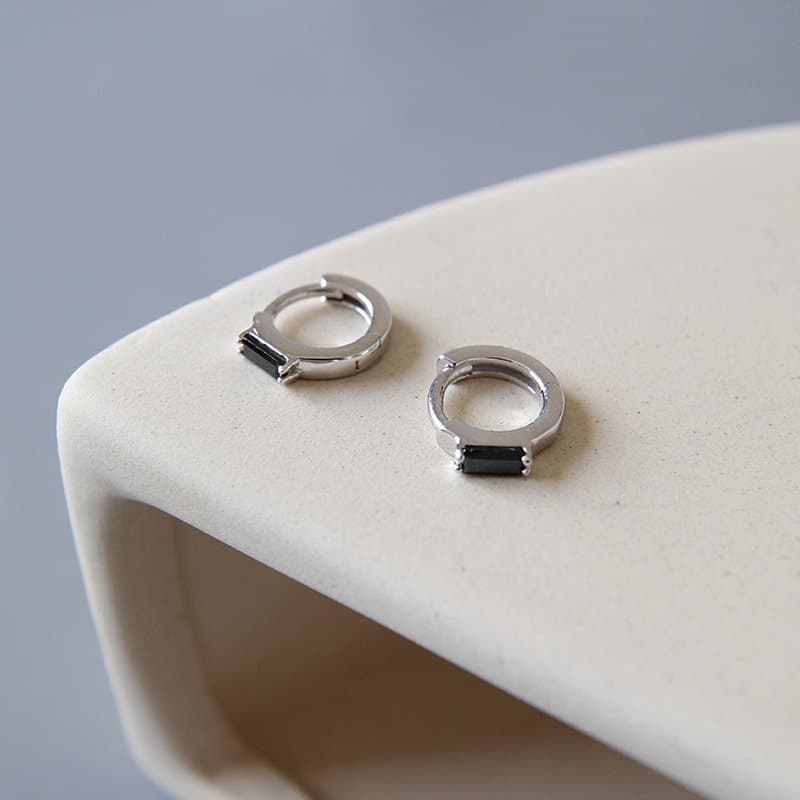 Geometric Black CZ Rectangle 925 Sterling Silver Hoop Earrings
