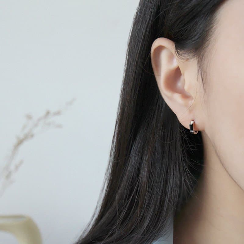 Geometric Black CZ Rectangle 925 Sterling Silver Hoop Earrings