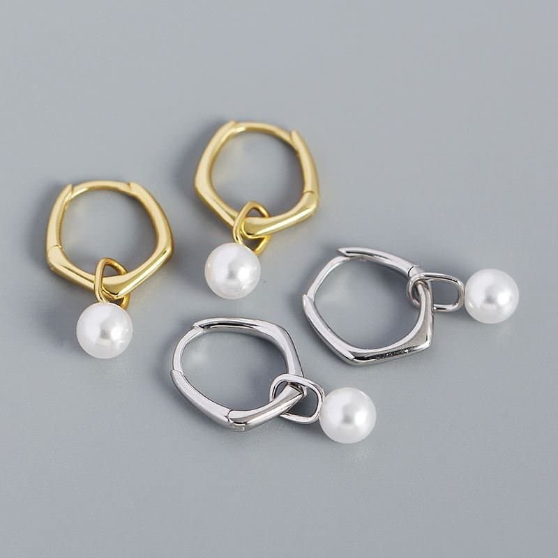 Geometric Shell Pearl 925 Sterling Silver Hoop Earrings