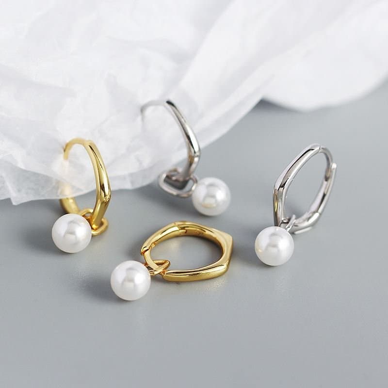 Geometric Shell Pearl 925 Sterling Silver Hoop Earrings