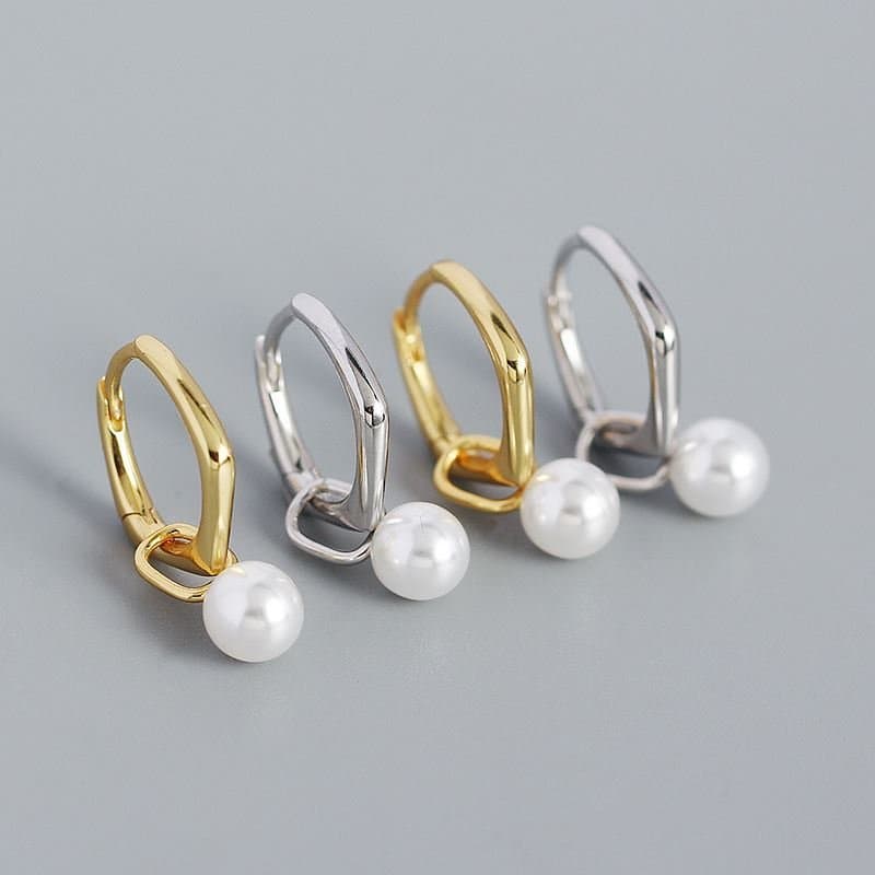 Geometric Shell Pearl 925 Sterling Silver Hoop Earrings