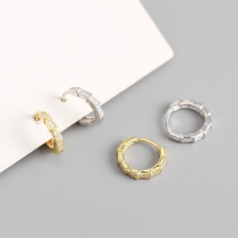 Geometric Square CZ 925 Sterling Silver Huggie Hoop Earrings