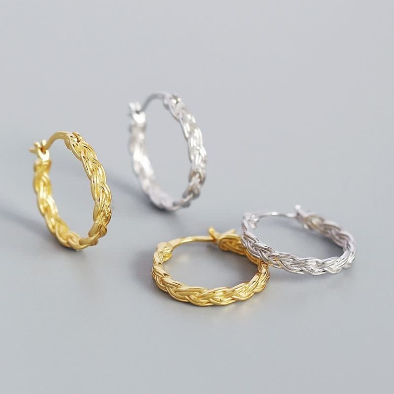 Hollow Braided Chain 925 Sterling Silver Huggie Hoop Earrings