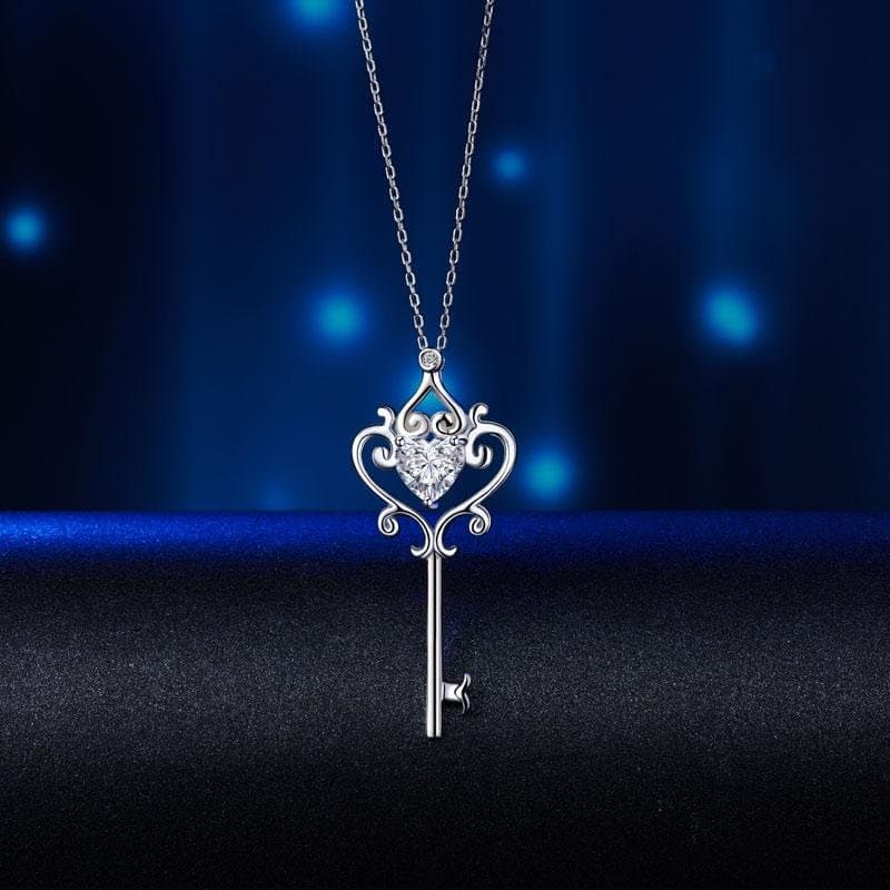Love Heart Key 925 Sterling Silver Pendant Necklace Vintage Style