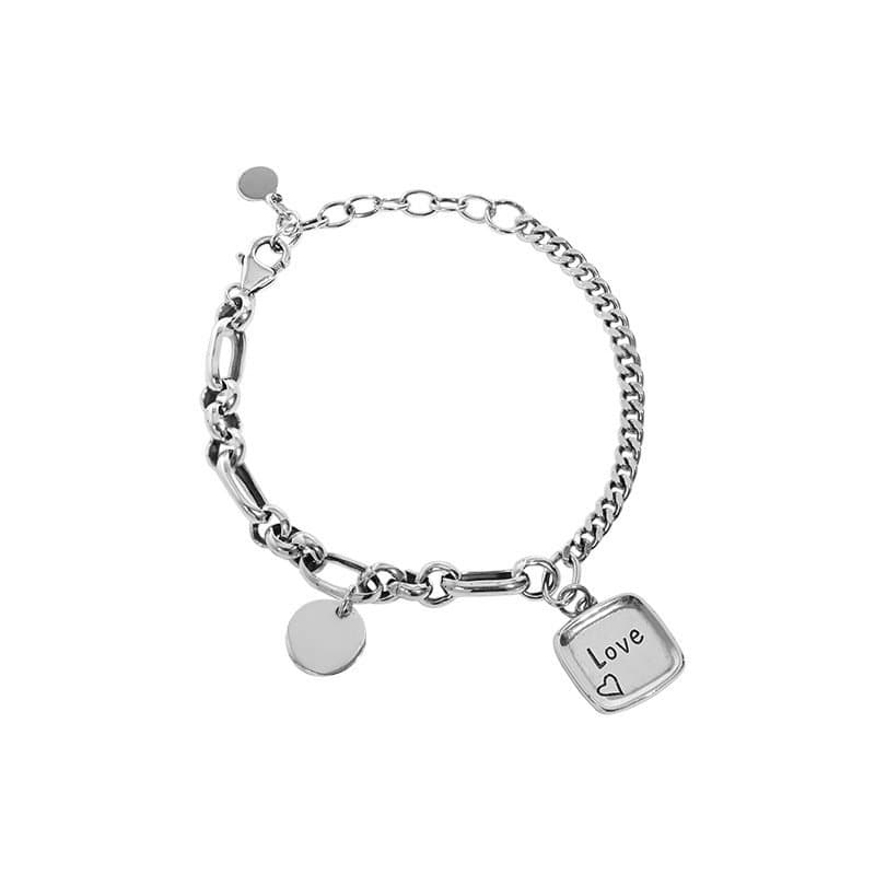 Vintage Asymmetric Curb Figaro Chain Love Drop 925 Sterling Silver Bracelet
