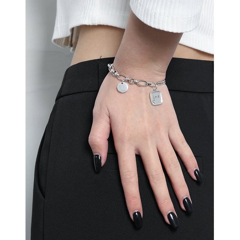 Vintage Asymmetric Curb Figaro Chain Love Drop 925 Sterling Silver Bracelet