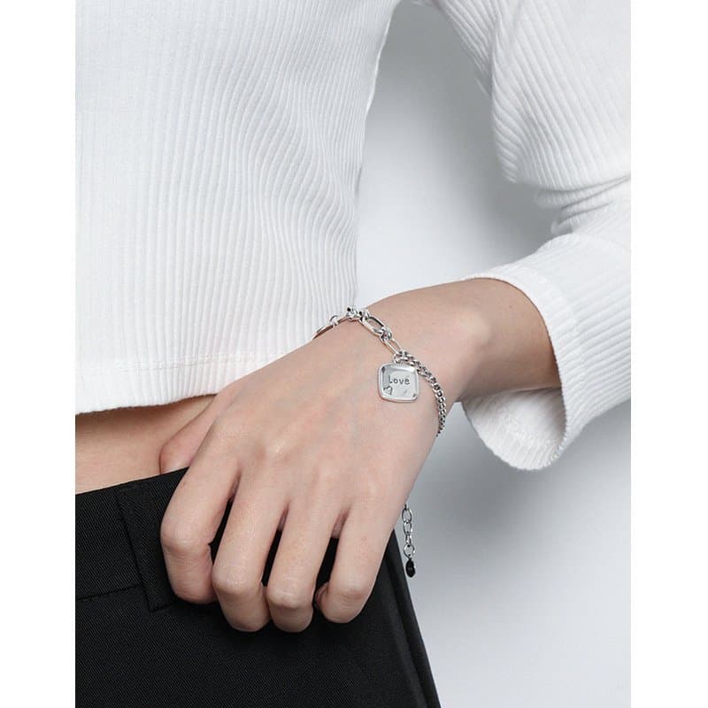 Vintage Asymmetric Curb Figaro Chain Love Drop 925 Sterling Silver Bracelet