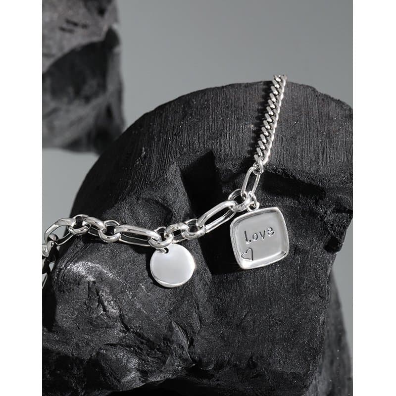Vintage Asymmetric Curb Figaro Chain Love Drop 925 Sterling Silver Bracelet