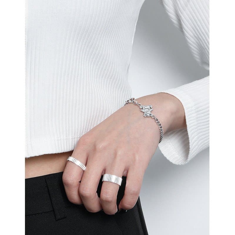 Vintage Asymmetric Paperclip Curb Chain B Bear 925 Sterling Silver Bracelet