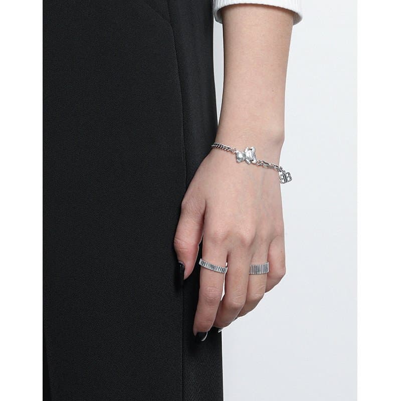 Vintage Asymmetric Paperclip Curb Chain B Bear 925 Sterling Silver Bracelet
