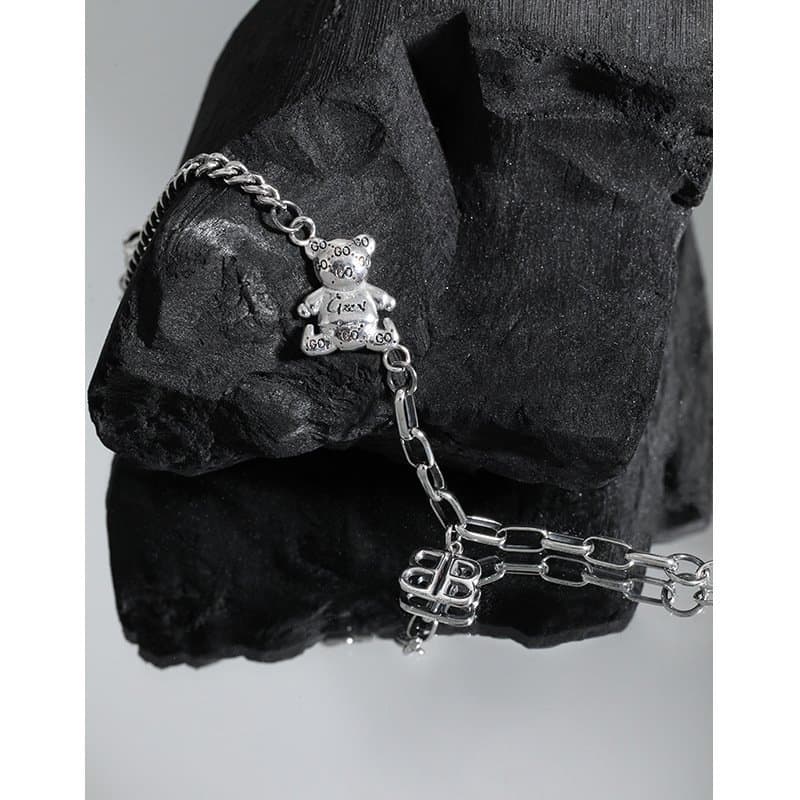 Vintage Asymmetric Paperclip Curb Chain B Bear 925 Sterling Silver Bracelet