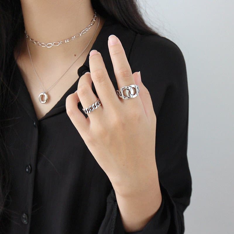 Vintage Curb Chain Hollow 925 Sterling Silver Adjustable Ring