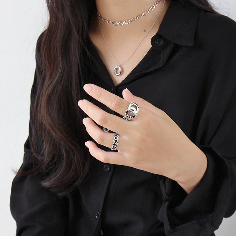 Vintage Curb Chain Hollow 925 Sterling Silver Adjustable Ring