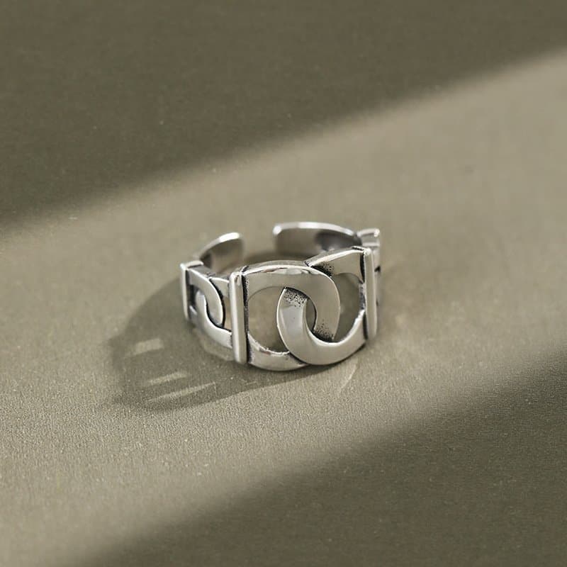 Vintage Curb Chain Hollow 925 Sterling Silver Adjustable Ring