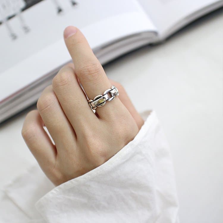 Vintage Geometric Box Chain 925 Sterling Silver Adjustable Ring