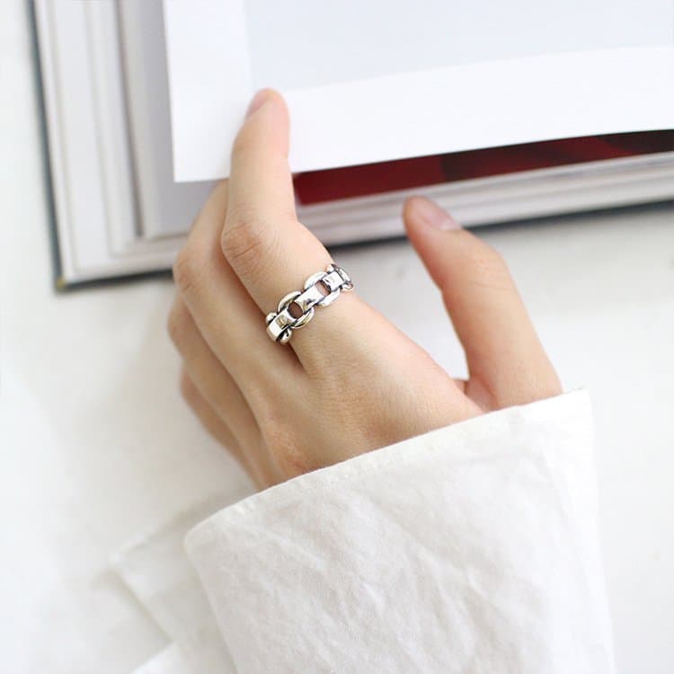 Vintage Geometric Box Chain 925 Sterling Silver Adjustable Ring