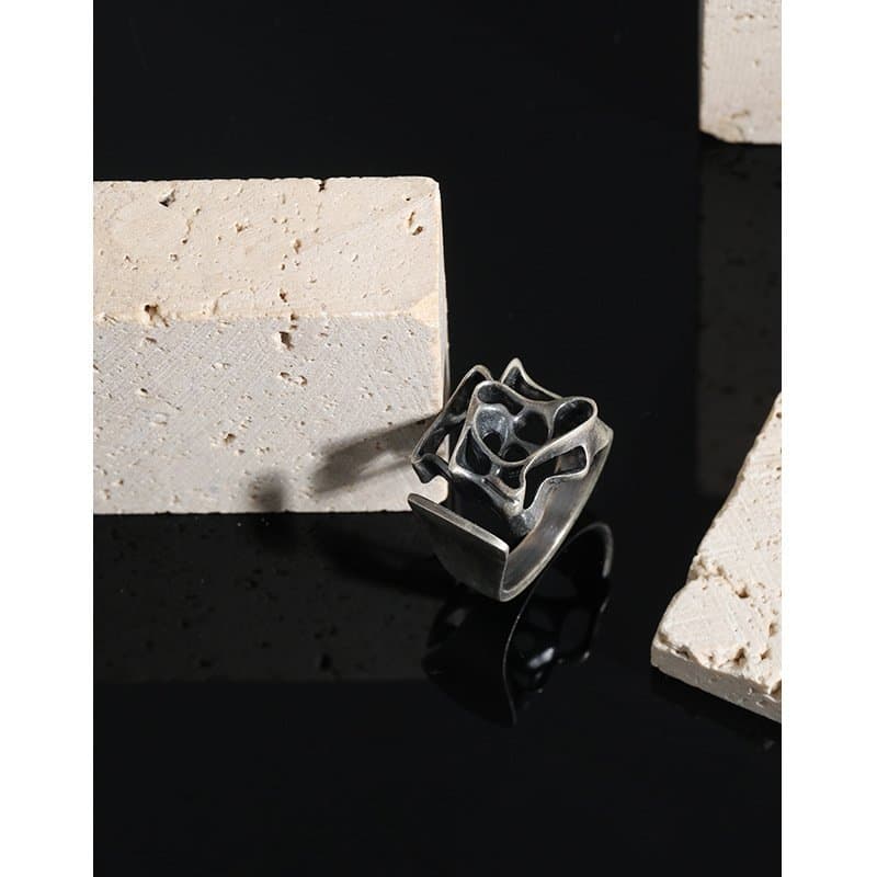 Vintage Geometric Hollow Holes 925 Sterling Silver Adjustable Ring