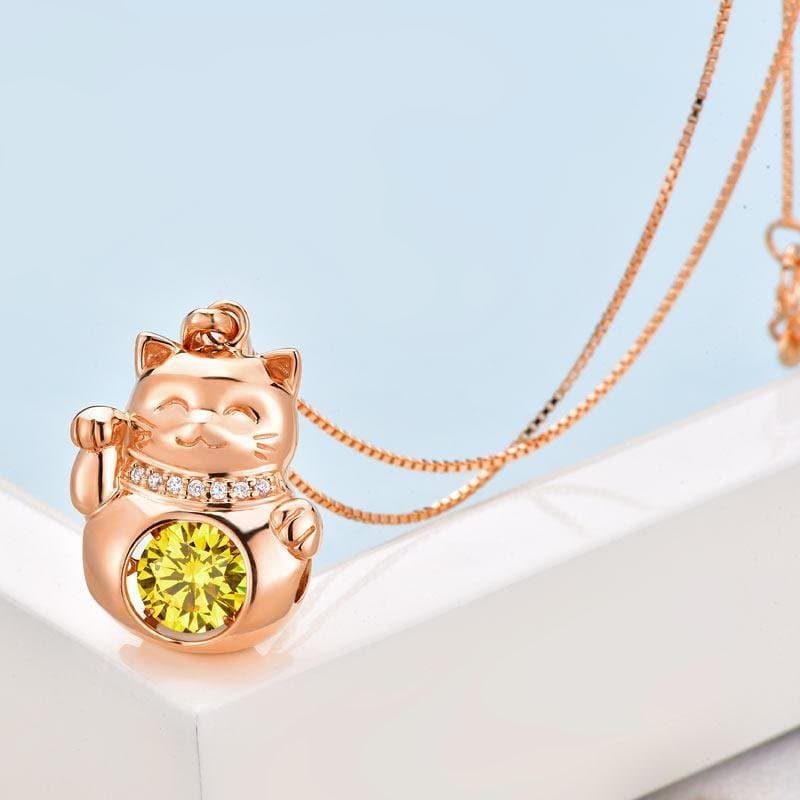 Lucky Cat Dancing Stone Pendant Necklace Rose Gold Plated