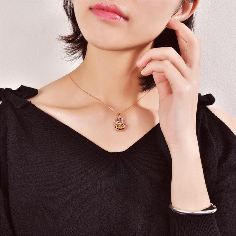 Lucky Cat Dancing Stone Pendant Necklace Rose Gold Plated
