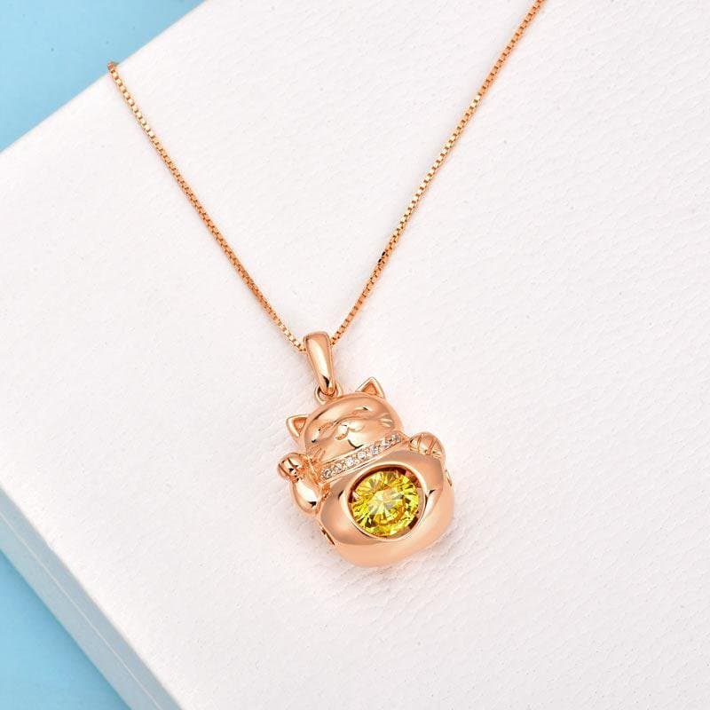 Lucky Cat Dancing Stone Pendant Necklace Rose Gold Plated