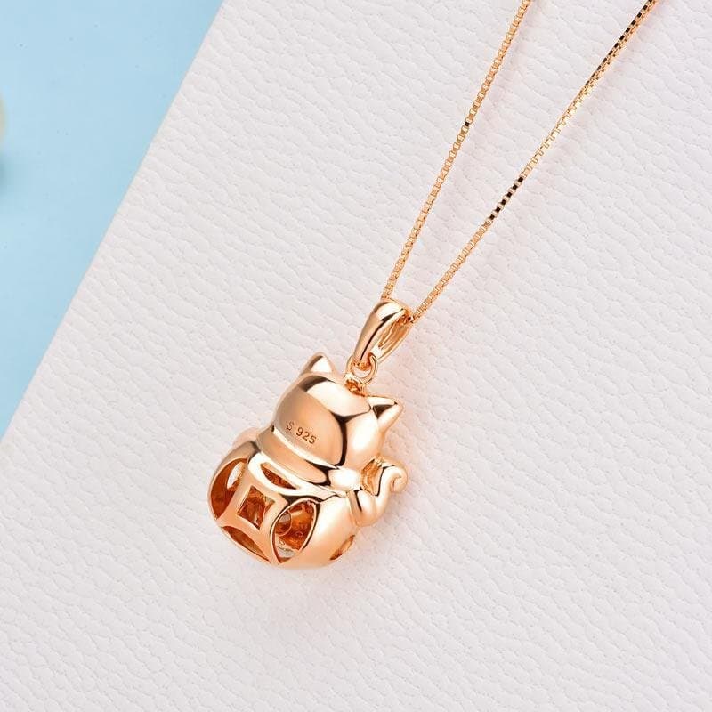 Lucky Cat Dancing Stone Pendant Necklace Rose Gold Plated