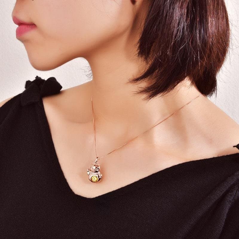 Lucky Cat Dancing Stone Pendant Necklace Rose Gold Plated