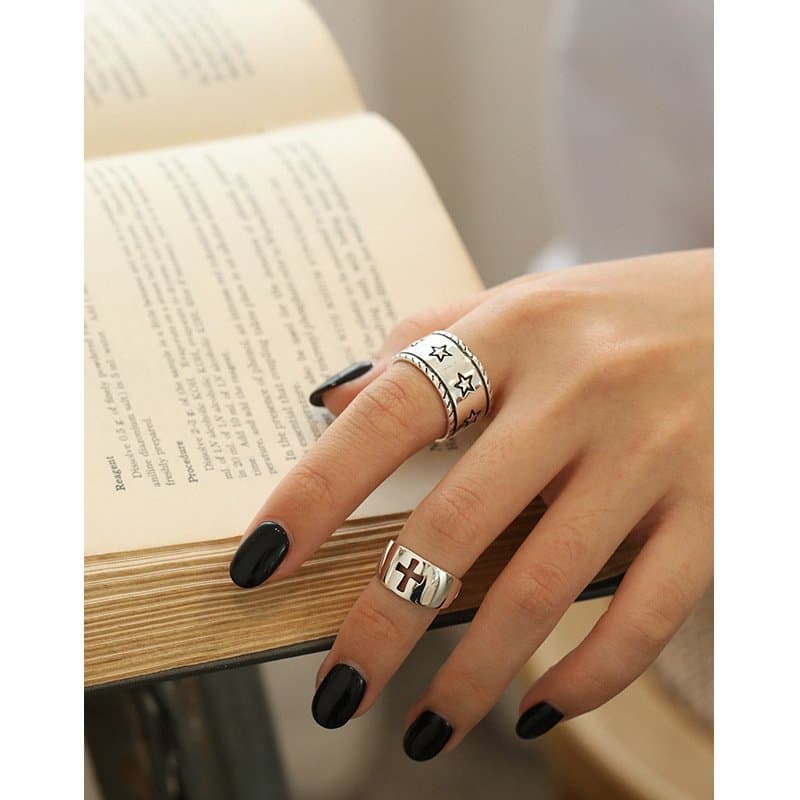 Vintage Star Pattern Twisted Border 925 Sterling Silver Adjustable Ring
