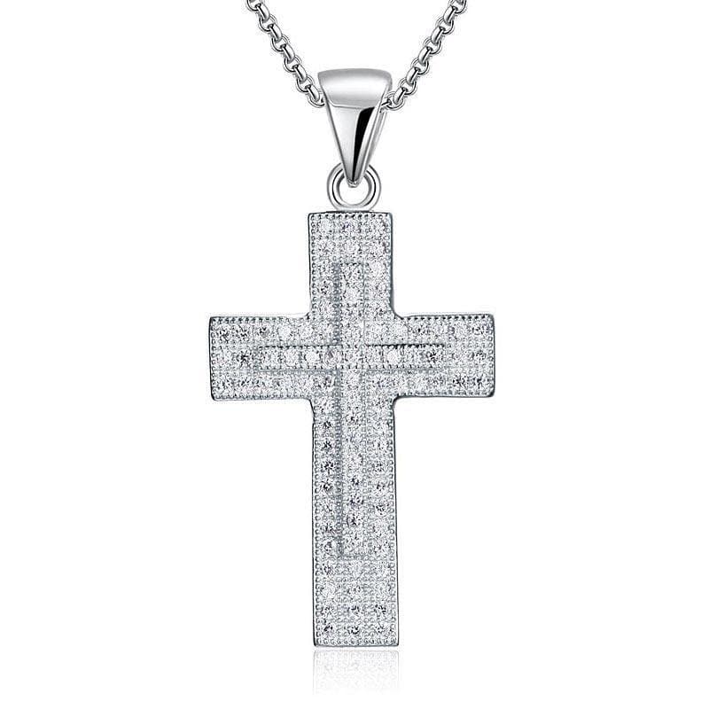 Micro Setting Cubic Zirconia Silver Cross Pendant Necklace
