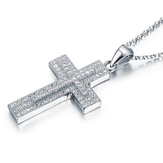 Micro Setting Cubic Zirconia Silver Cross Pendant Necklace