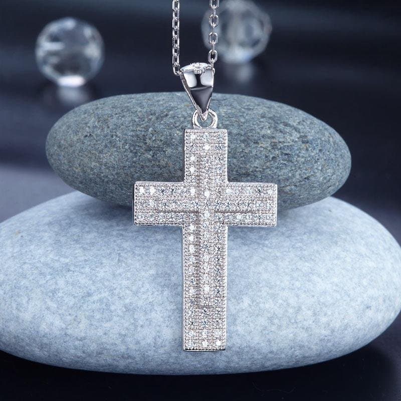Micro Setting Cubic Zirconia Silver Cross Pendant Necklace