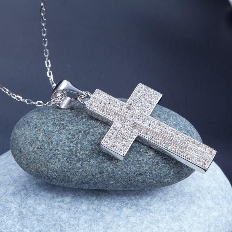 Micro Setting Cubic Zirconia Silver Cross Pendant Necklace