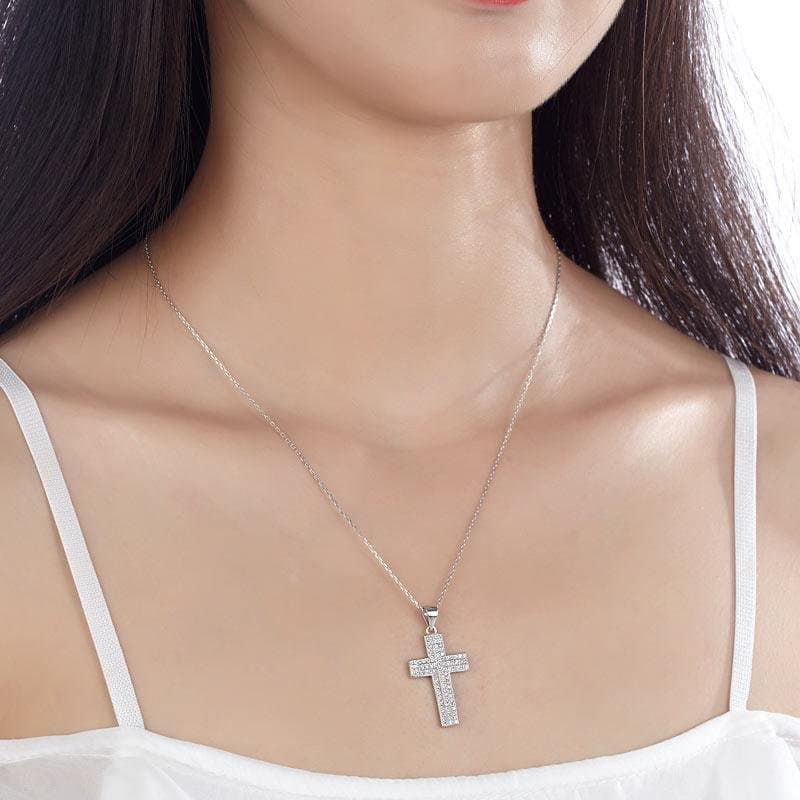 Micro Setting Cubic Zirconia Silver Cross Pendant Necklace