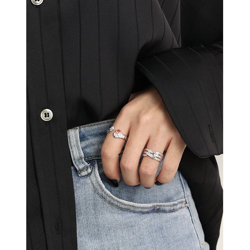 Red Round CZ Irregular 925 Sterling Silver Adjustable Ring