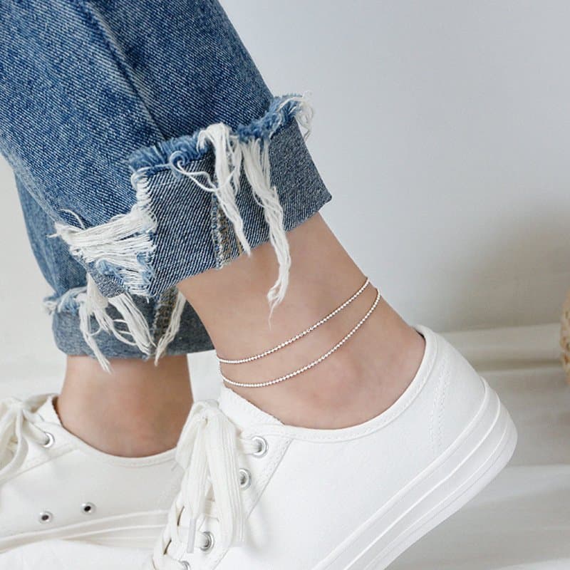 Bead Chain Double Layers 925 Sterling Silver Anklet