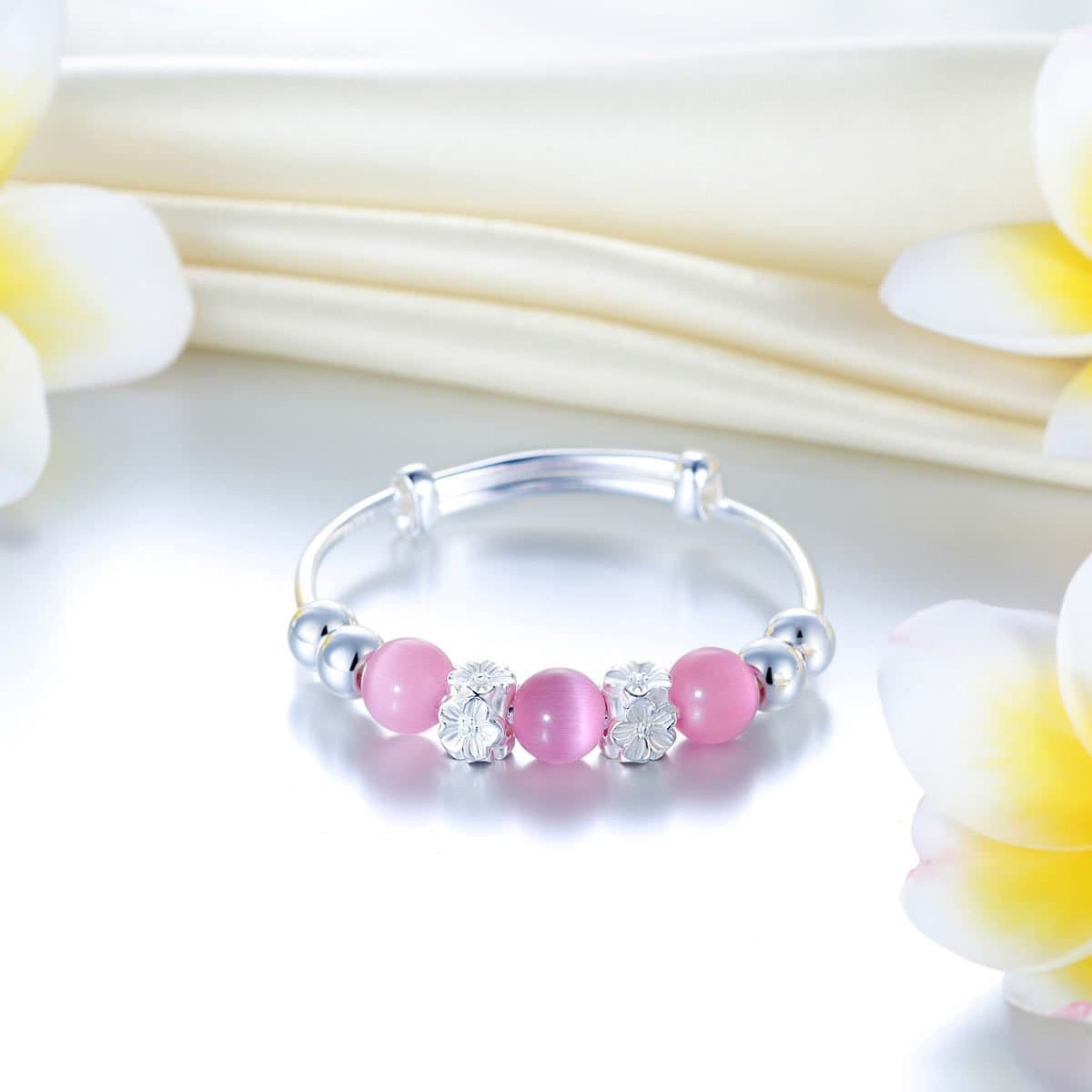 Newborn Baby 999 Silver Pink Cat Eye Stone Bangle