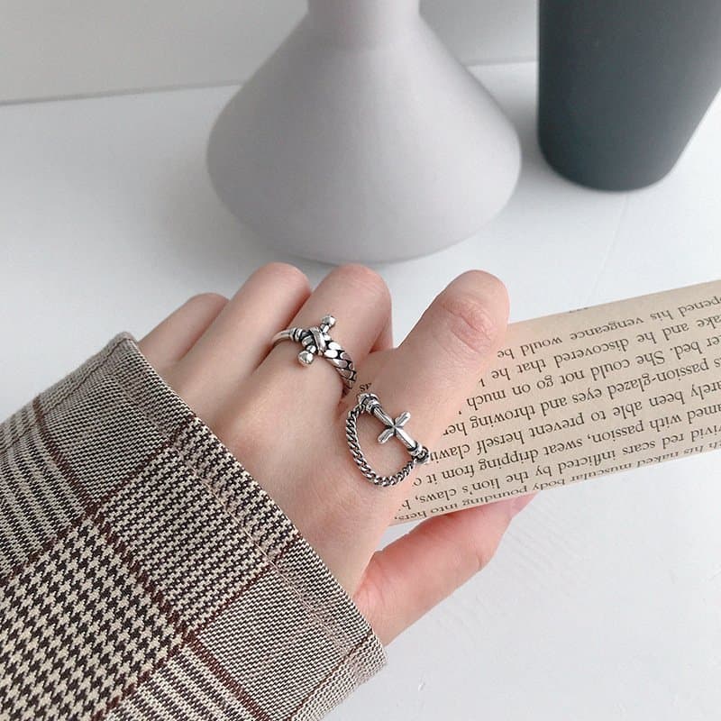 Vintage Cross Hollow Chain 925 Sterling Silver Adjustable Ring