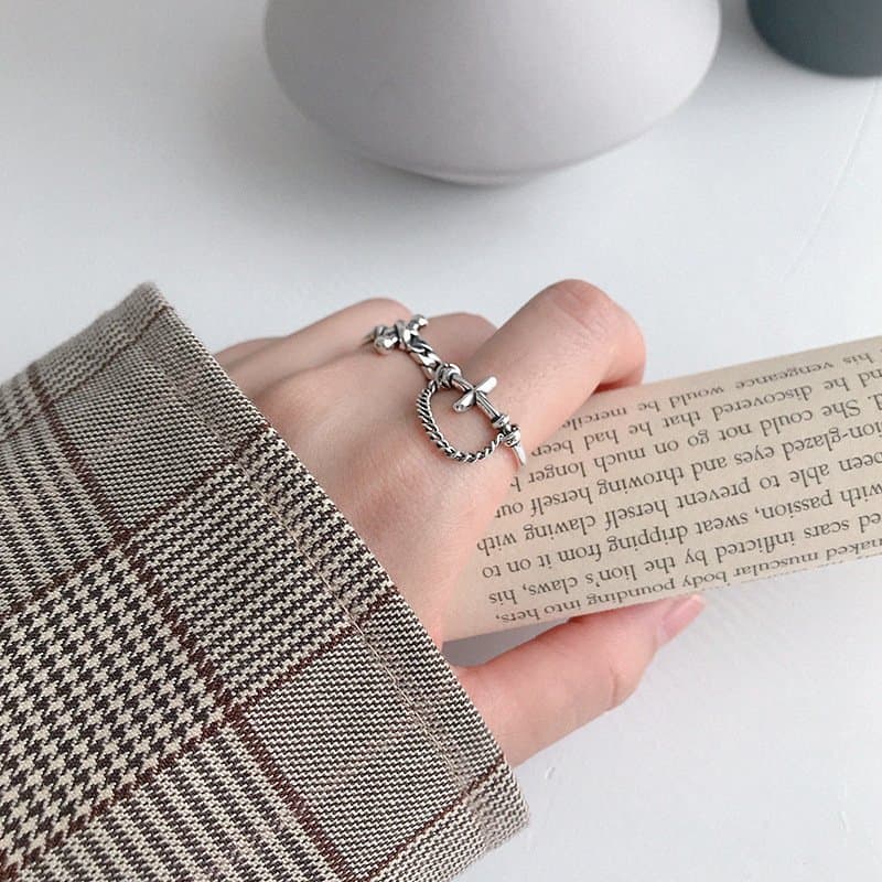 Vintage Cross Hollow Chain 925 Sterling Silver Adjustable Ring