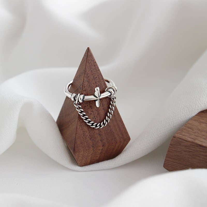 Vintage Cross Hollow Chain 925 Sterling Silver Adjustable Ring