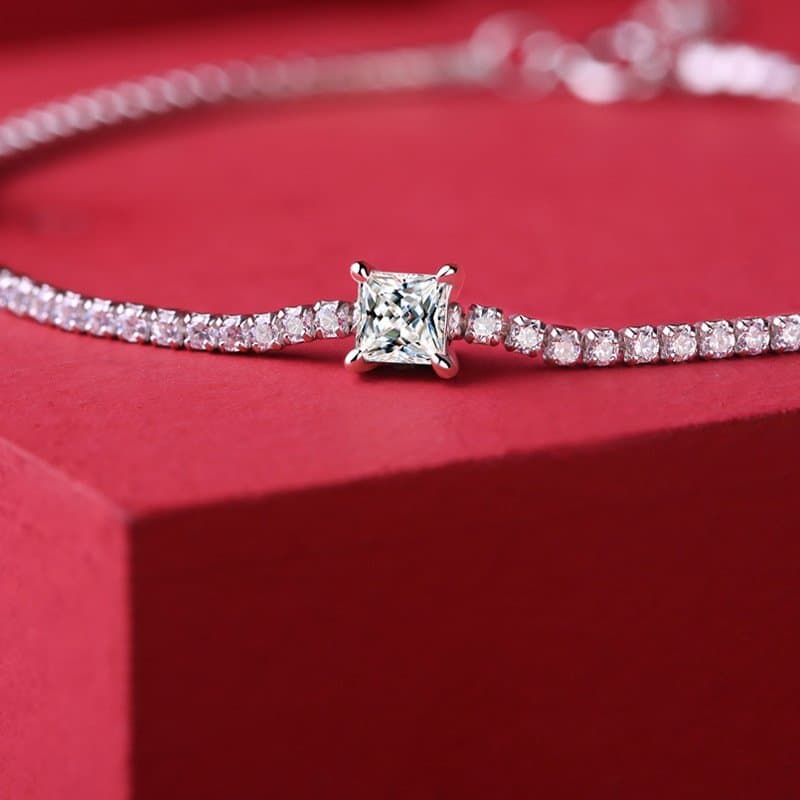 Square Moissanite CZ Chain 925 Sterling Silver Bracelet