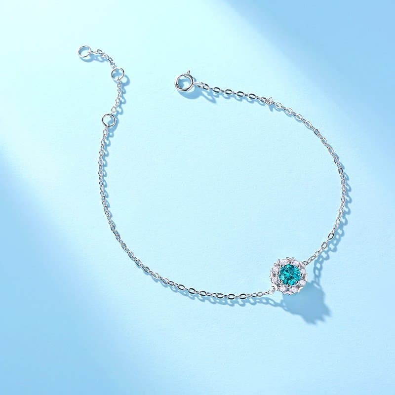 Blue Moissanite CZ Flower 925 Sterling Silver Bracelet