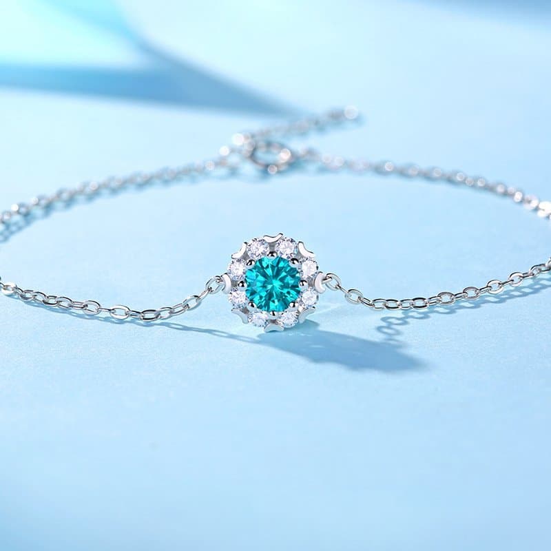 Blue Moissanite CZ Flower 925 Sterling Silver Bracelet