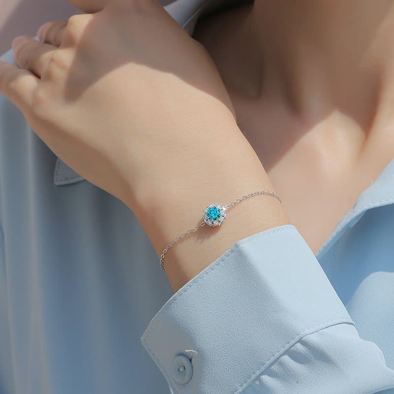 Blue Moissanite CZ Flower 925 Sterling Silver Bracelet