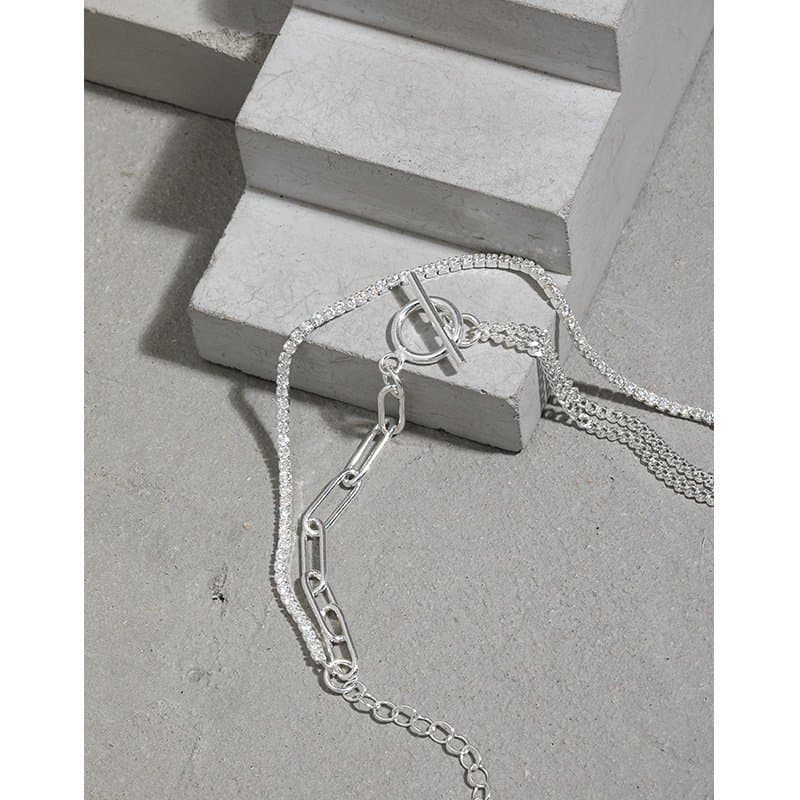 Asymmetric Double Layer Hollow Chain CZ OT 925 Sterling Silver Bracelet