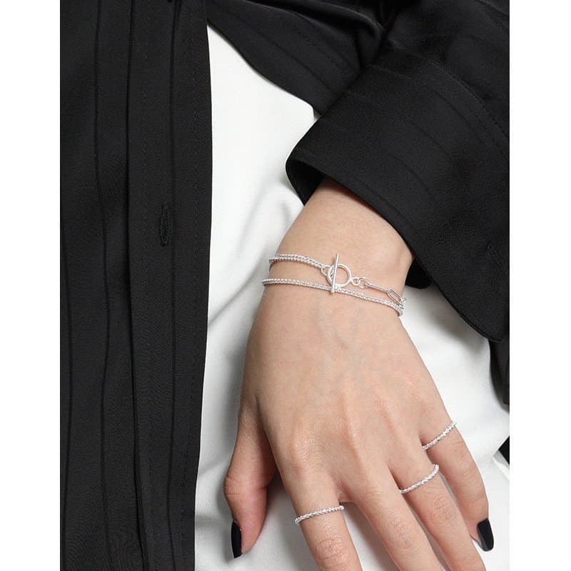 Asymmetric Double Layer Hollow Chain CZ OT 925 Sterling Silver Bracelet