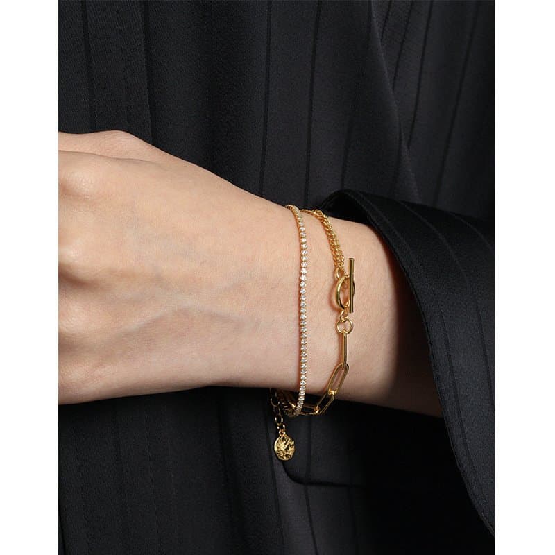 Asymmetric Double Layer Hollow Chain CZ OT 925 Sterling Silver Bracelet