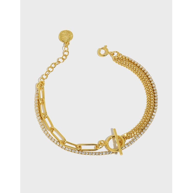 Asymmetric Double Layer Hollow Chain CZ OT 925 Sterling Silver Bracelet