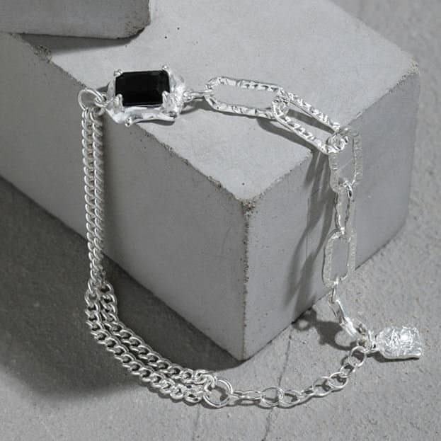 Irregular Geometric Baguette Black CZ 925 Sterling Silver Bracelet
