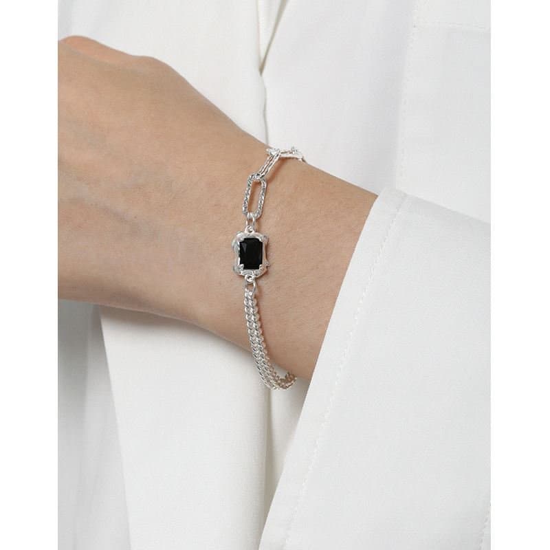Irregular Geometric Baguette Black CZ 925 Sterling Silver Bracelet
